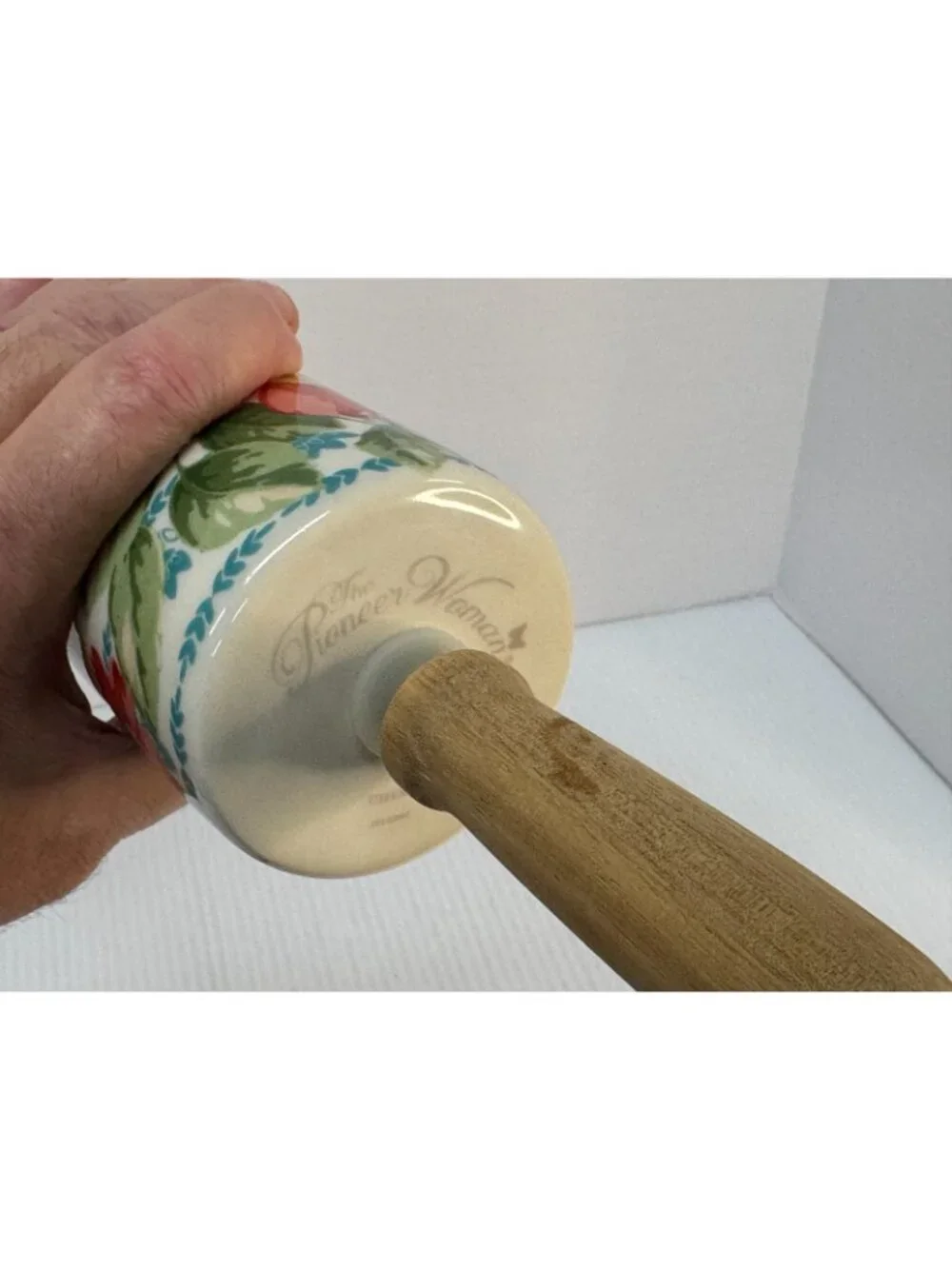 Pioneer Woman Rolling Pin Retired Vintage Flower Pattern Ceramic Wooden Handles